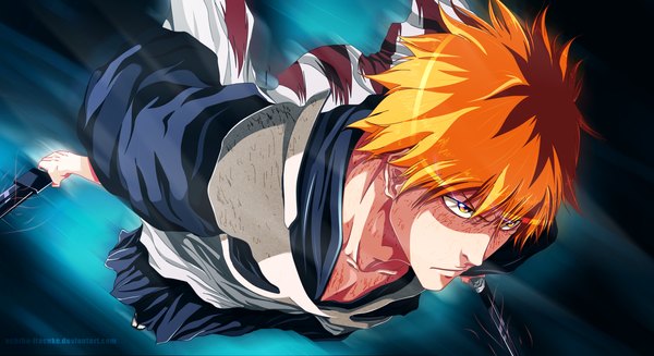 Anime picture 3300x1800 with bleach studio pierrot kurosaki ichigo uchiha-itasuke single highres short hair wide image holding traditional clothes japanese clothes orange hair orange eyes coloring dual wielding boy weapon sword kimono katana