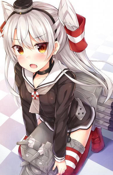 Anime picture 777x1200 with kantai collection amatsukaze destroyer rensouhou-kun suna (transports) single long hair tall image looking at viewer blush fringe open mouth simple background hair between eyes white background sitting brown eyes from above :o fang (fangs) two side up