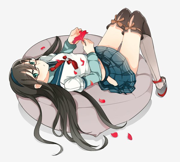 Anime picture 920x830 with kantai collection ooyodo light cruiser oniku (oishii oniku) single long hair looking at viewer blush fringe black hair simple background hair between eyes lying aqua eyes grey background shadow girl thighhighs uniform flower (flowers) petals