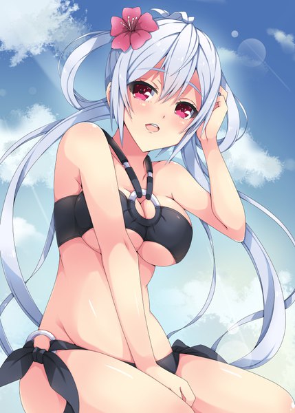 Anime picture 715x1000 with phantasy star phantasy star online 2 sega matoi (pso2) milkpanda single long hair tall image looking at viewer blush breasts open mouth light erotic red eyes sky silver hair cloud (clouds) ahoge hair flower girl