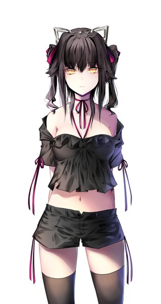 Anime picture 424x800 with original soya (torga) single long hair tall image looking at viewer fringe breasts light erotic black hair simple background hair between eyes standing white background bare shoulders yellow eyes bare belly shadow short sleeves midriff