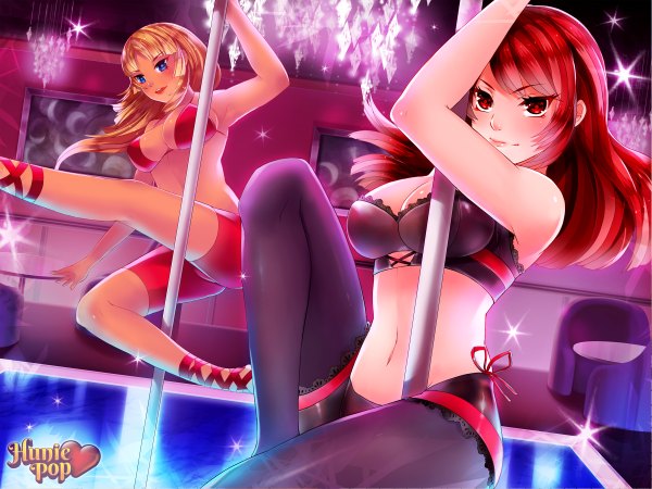Anime picture 2400x1800 with hunie pop audrey belrose jessie maye kaskia long hair blush highres open mouth blue eyes light erotic blonde hair smile red eyes multiple girls red hair inscription bare belly midriff girl navel