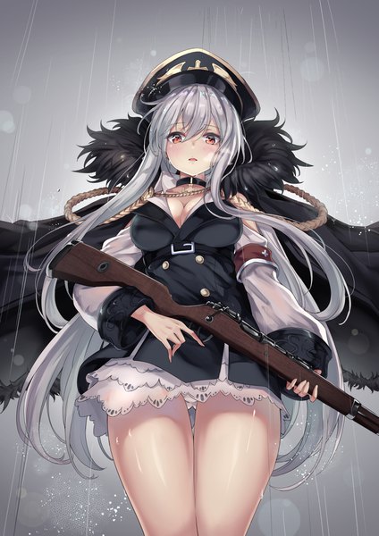 Anime picture 2894x4093 with girls frontline kar98k (girls frontline) cenangam single long hair tall image looking at viewer blush fringe highres breasts open mouth light erotic hair between eyes red eyes large breasts standing holding cleavage silver hair