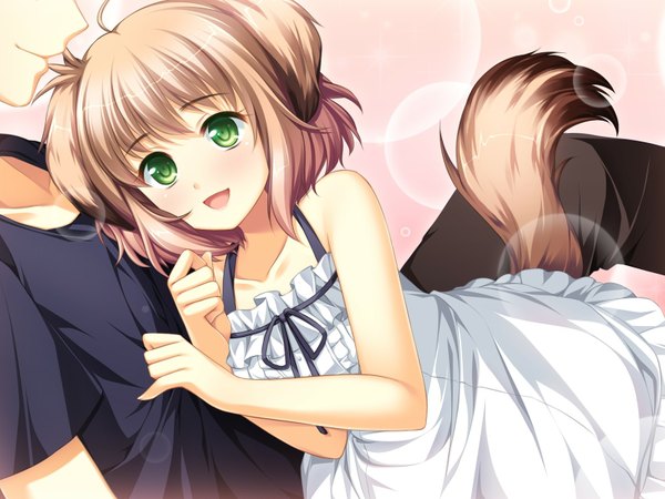 Anime picture 1600x1200 with otomimi infinity (game) koya chachako short hair open mouth brown hair green eyes game cg dog ears dog tail girl sundress