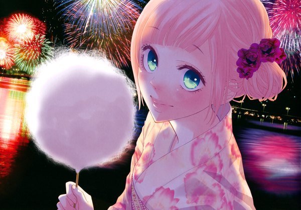 Anime picture 3441x2414 with vocaloid just be friends (vocaloid) megurine luka single blush highres blue eyes smile pink hair absurdres reflection fireworks girl water cotton candy
