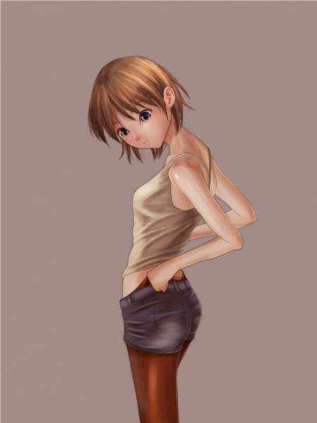 Anime picture 1026x1369 with original baqu tall image short hair blue eyes simple background brown hair pantyhose pull legwear under shorts adjusting pantyhose girl pantyhose shorts