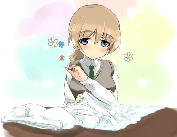 Anime picture 1163x905 with strike witches lynette bishop yuzuyoukan single long hair blush blue eyes blonde hair girl dress flower (flowers)