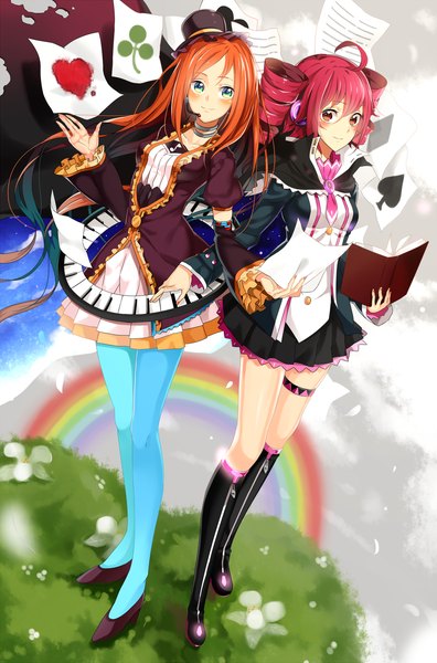 Anime picture 1000x1513 with utau kasane teto namine ritsu koko shiguma long hair tall image blush standing twintails brown eyes green eyes sky cloud (clouds) red hair wind orange hair couple drill hair otoko no ko girl