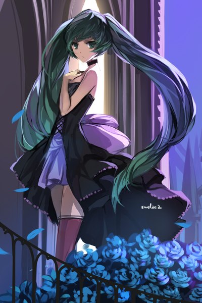 Anime picture 1417x2125 with vocaloid hatsune miku swd3e2 single tall image looking at viewer twintails green eyes signed very long hair green hair hand on chest girl thighhighs dress flower (flowers) bow petals choker rose (roses)