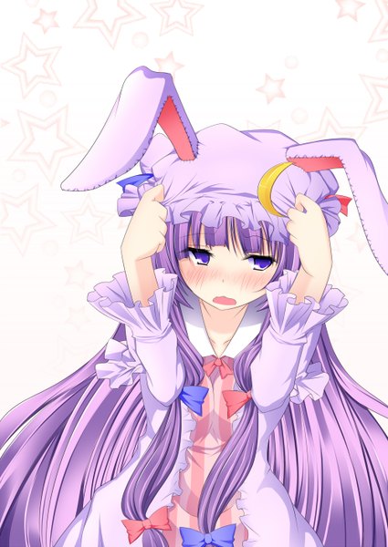 Anime picture 1000x1412 with touhou patchouli knowledge inu3 single long hair tall image blush purple eyes purple hair girl dress bow hair bow star (symbol) cap moon (symbol) animal hat