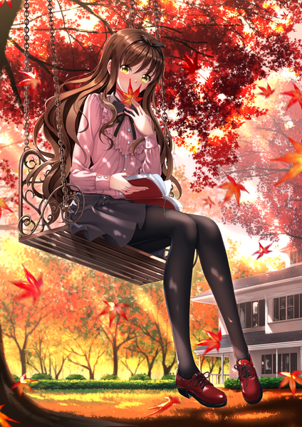 Anime picture 1102x1560 with original swordsouls single long hair tall image looking at viewer blush brown hair sitting yellow eyes full body girl dress plant (plants) pantyhose tree (trees) black pantyhose book (books) leaf (leaves) maple leaf