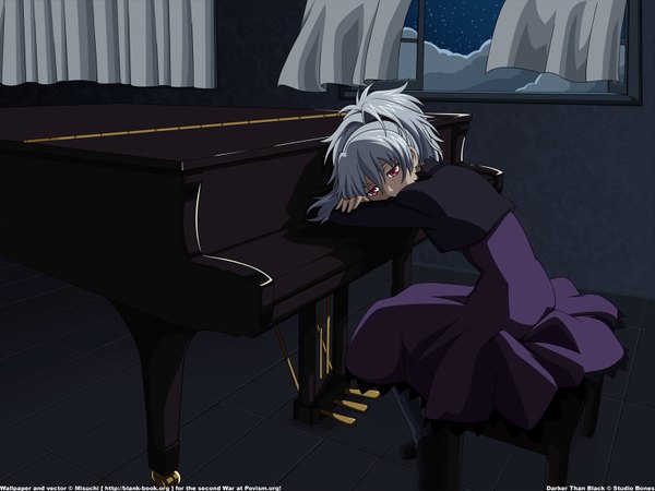 Anime picture 1600x1200 with darker than black studio bones yin (darker than black) short hair sitting purple eyes wind grey hair girl dress window star (stars) curtains piano