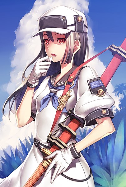 Anime picture 1081x1600 with original kunieda single long hair tall image fringe open mouth black hair red eyes sky cloud (clouds) girl dress gloves weapon plant (plants) hat sword