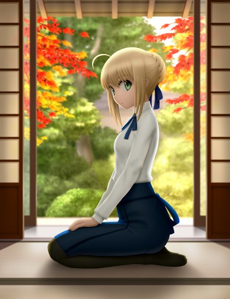 Anime picture 1000x1300 with fate (series) fate/stay night type-moon artoria pendragon (all) saber siraha single long hair tall image looking at viewer fringe blonde hair sitting green eyes bent knee (knees) indoors braid (braids) realistic hair bun (hair buns) no shoes