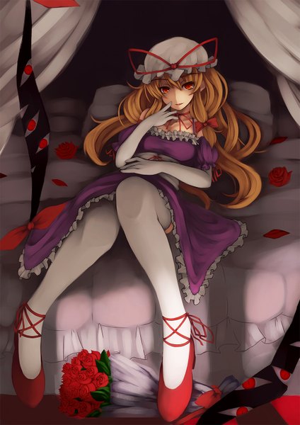 Anime picture 1074x1518 with touhou yakumo yukari nanahara fuyuki long hair tall image red eyes brown hair eyes girl thighhighs dress flower (flowers) petals white thighhighs rose (roses) bouquet red rose