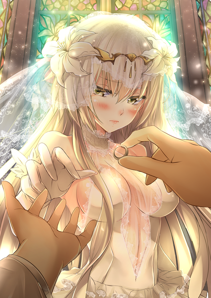 Anime picture 1118x1578 with fate (series) fate/apocrypha jeanne d'arc (fate) (all) jeanne d'arc (fate) mia (gute-nacht-07) long hair tall image looking at viewer blush fringe breasts light erotic blonde hair hair between eyes large breasts bare shoulders yellow eyes payot cleavage upper body
