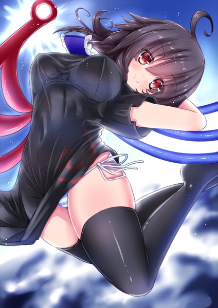 Anime picture 826x1169 with touhou houjuu nue moura (kenyuugetu) single long hair tall image looking at viewer blush fringe breasts light erotic black hair smile hair between eyes red eyes large breasts ahoge arms behind head jumping asymmetrical wings