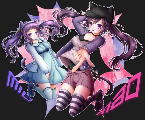 Anime picture 1500x1238 with original shitou long hair blush purple eyes twintails multiple girls animal ears purple hair cat ears cat girl cat tail girl thighhighs dress skirt 2 girls hat miniskirt bell