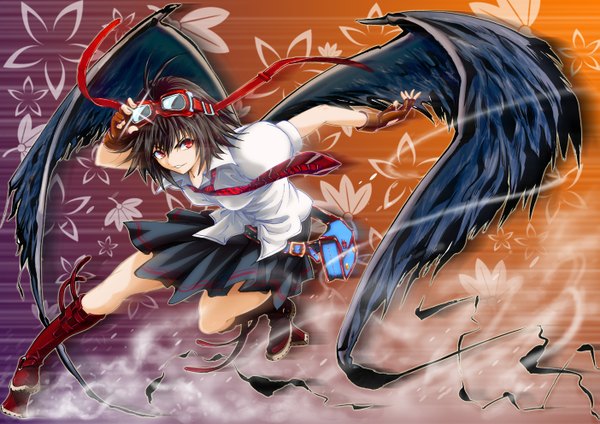 Anime picture 1403x992 with touhou shameimaru aya hijikawa arashi single short hair red eyes brown hair black wings girl skirt shirt wings necktie fingerless gloves leaf (leaves) feather (feathers) goggles fanny pack