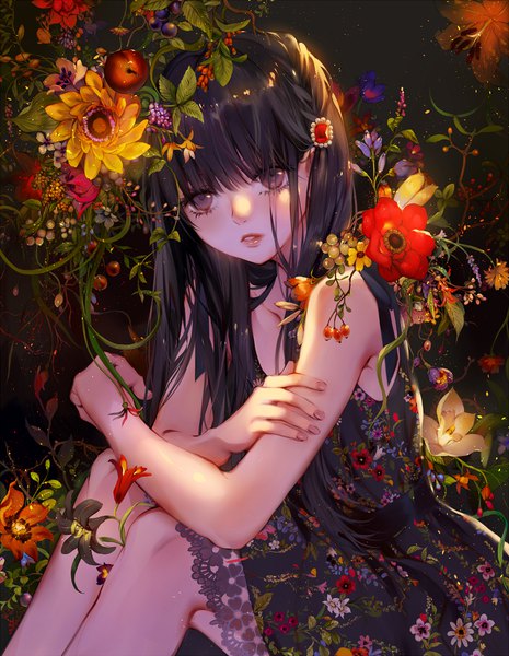 Anime picture 776x1000 with original tsukioka tsukiho single long hair tall image looking at viewer blush fringe black hair sitting bent knee (knees) blunt bangs parted lips head tilt lips black eyes floral print girl dress flower (flowers)