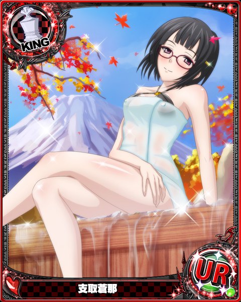 Anime picture 640x800 with highschool dxd sona sitri single tall image looking at viewer blush short hair light erotic black hair smile sitting purple eyes crossed legs card (medium) girl swimsuit bikini glasses leaf (leaves) towel