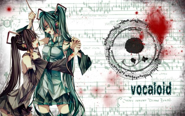 Anime picture 2000x1250 with vocaloid hatsune miku zatsune miku tsukioka tsukiho long hair highres brown hair wide image twintails multiple girls brown eyes tears girl 2 girls detached sleeves miniskirt necktie headphones blood rope