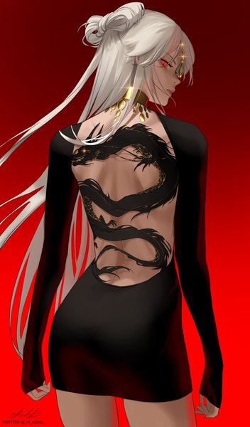 Anime picture 1200x2048 with genshin impact ningguang (genshin impact) m alexa single long hair tall image looking at viewer fringe simple background red eyes standing signed white hair long sleeves profile looking back from behind tattoo alternate costume twitter username