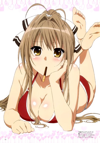 Anime picture 2879x4091 with amagi brilliant park kyoto animation megami magazine sento isuzu maruki nobuaki single long hair tall image looking at viewer blush highres light erotic brown hair white background brown eyes ahoge ponytail barefoot official art bare legs