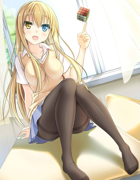 Anime picture 1053x1348 with original violet sit single long hair tall image looking at viewer blush open mouth blue eyes light erotic blonde hair sitting yellow eyes no shoes heterochromia convenient leg girl skirt uniform school uniform