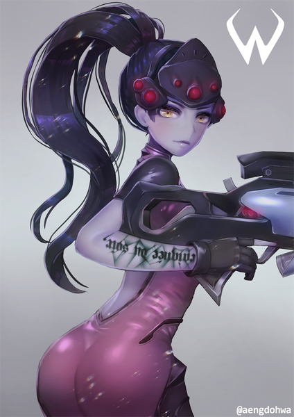 Anime picture 707x1000 with overwatch blizzard entertainment widowmaker (overwatch) hanato (seonoaiko) single long hair tall image looking at viewer blush light erotic simple background holding signed yellow eyes purple hair ass ponytail looking back from behind grey background