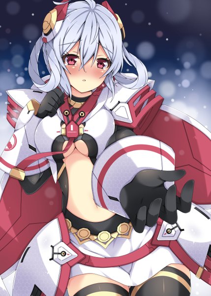 Anime picture 1000x1399 with phantasy star phantasy star online 2 sega matoi (pso2) milkpanda single tall image looking at viewer blush breasts red eyes blue hair ahoge tears underboob hand on chest girl thighhighs gloves navel