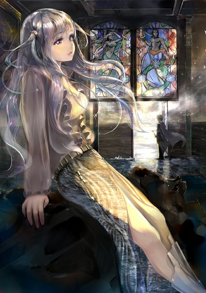 Anime picture 690x984 with original keepout tall image fringe standing sitting twintails looking away silver hair indoors from behind bare belly grey eyes muscle scenic revision sheathed abstract girl boy
