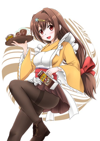 Anime picture 800x1130 with yukijirushi yukiko-tan fuuma nagi single long hair tall image looking at viewer blush simple background red eyes brown hair white background girl dress hair ornament bow hair bow hairclip apron tray