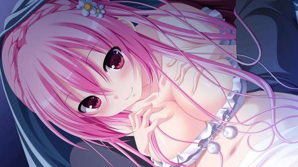 Anime picture 2560x1440 with gensou no idea nanami naru makita maki long hair looking at viewer blush highres breasts light erotic smile wide image bare shoulders pink hair game cg cleavage pink eyes hair flower between legs girl boy