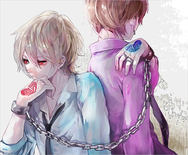 Anime picture 1000x825 with zetsuen no tempest studio bones fuwa mahiro takigawa yoshino ihiro short hair blonde hair red eyes brown hair signed multiple boys back to back boy earrings necktie insect butterfly chain 2 boys ring