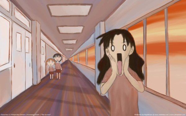 Anime picture 1920x1200 with azumanga daioh j.c. staff the scream mihama chiyo takino tomo tanizaki yukari long hair highres short hair open mouth brown hair wide image twintails multiple girls orange hair evening sunset parody fine art parody girl