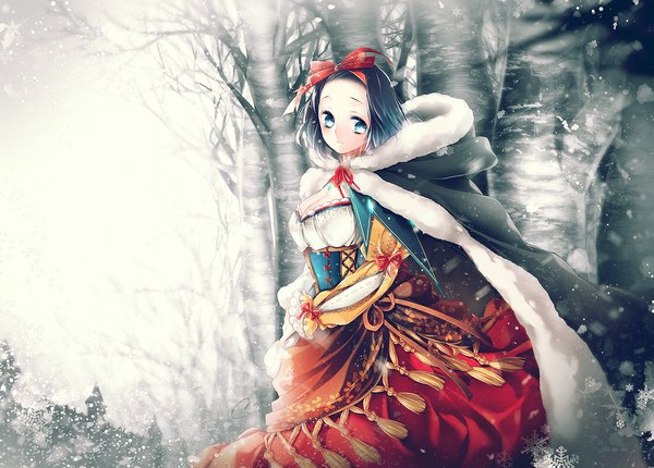 Anime picture 1100x790 with original mirunai single looking at viewer short hair blue eyes black hair snowing winter girl dress bow plant (plants) hair bow tree (trees) snowflake (snowflakes)