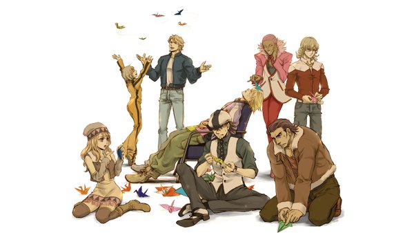 Anime picture 3000x1688 with tiger & bunny sunrise (studio) kaburagi t. kotetsu barnaby brooks jr. ivan karelin keith goodman karina lyle pao-lin huang antonio lopez nathan seymour hexe long hair highres blue eyes blonde hair brown hair wide image white background sitting multiple girls