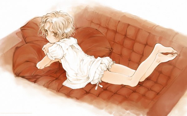 Anime picture 1920x1200 with littlewitch oyari ashito single highres short hair light erotic blonde hair wide image brown eyes barefoot bare legs loli wavy hair girl pillow couch knickers