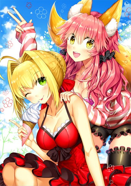 Anime picture 636x900 with fate (series) fate/extra type-moon nero claudius (fate) (all) tamamo (fate) (all) nero claudius (fate) tamamo no mae (fate) ells (ellsat) long hair tall image blush short hair open mouth blonde hair smile bare shoulders green eyes animal ears yellow eyes pink hair