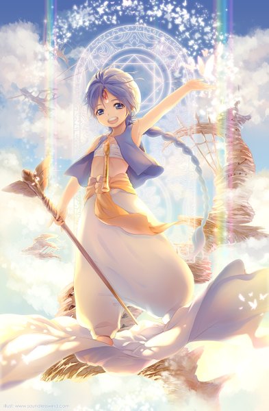 Anime picture 843x1285 with magi the labyrinth of magic a-1 pictures aladdin (magi) kaze-hime single tall image open mouth blue eyes smile blue hair sky cloud (clouds) braid (braids) very long hair armpit (armpits) magic single braid smoke boy belt