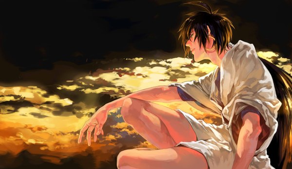 Anime picture 1600x926 with magi the labyrinth of magic a-1 pictures sinbad (magi) torinmo single long hair black hair wide image sitting sky cloud (clouds) ponytail black eyes boy earrings hoop earrings arabian clothes