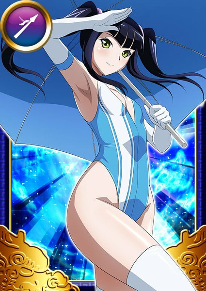 Anime picture 567x800 with ikkitousen saji genpou (true) single long hair tall image looking at viewer breasts light erotic black hair smile twintails yellow eyes flat chest card (medium) girl thighhighs gloves white thighhighs elbow gloves white gloves