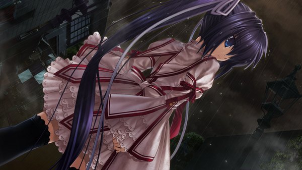 Anime picture 1280x720 with rewrite konohana lucia long hair blue eyes black hair wide image game cg ponytail rain girl thighhighs dress black thighhighs