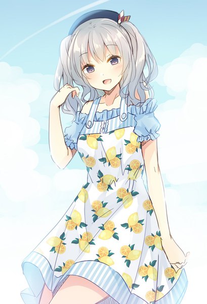 Anime picture 1000x1468 with kantai collection kashima training cruiser bekotarou single long hair tall image looking at viewer blush open mouth purple eyes twintails bare shoulders sky silver hair alternate costume summer food print lemon print girl beret