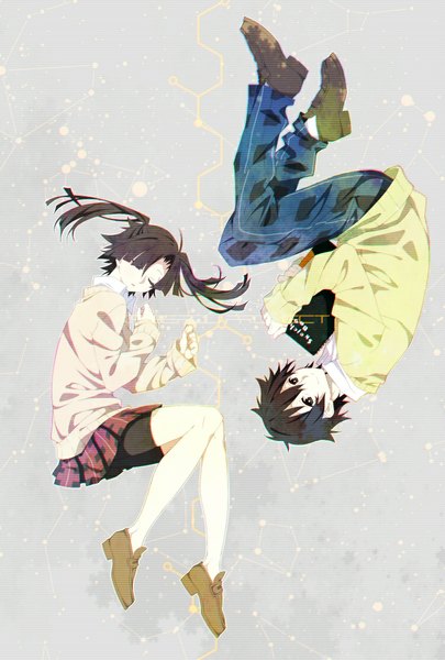 Anime picture 750x1111 with kagerou project shaft (studio) enomoto takane kokonose haruka 16 ban long hair tall image looking at viewer fringe short hair black hair smile brown hair twintails bent knee (knees) eyes closed pleated skirt on side sleeping knees touching