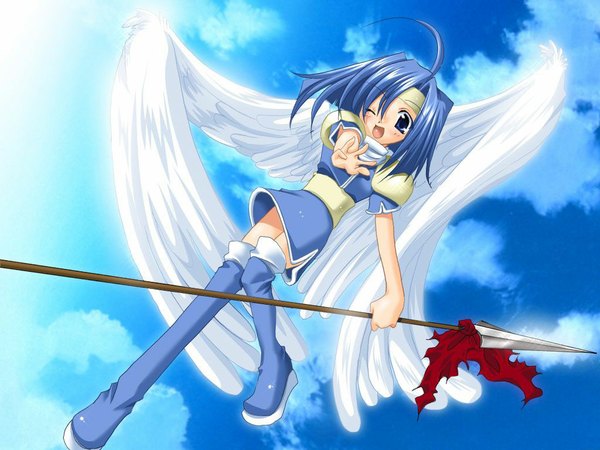 Anime picture 1024x768 with single blush short hair open mouth blue eyes blue hair sky cloud (clouds) one eye closed wink puffy sleeves flying angel wings angel girl dress weapon wings belt hairband