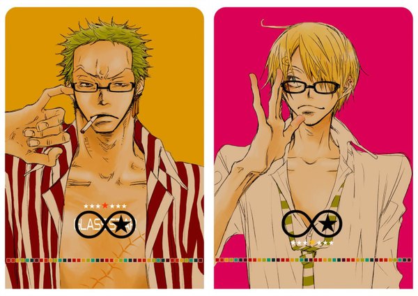 Anime picture 1600x1132 with one piece toei animation roronoa zoro sanji fringe short hair blue eyes blonde hair brown eyes ahoge green hair hair over one eye inscription open clothes open shirt mouth hold scar partially open clothes smoking boy