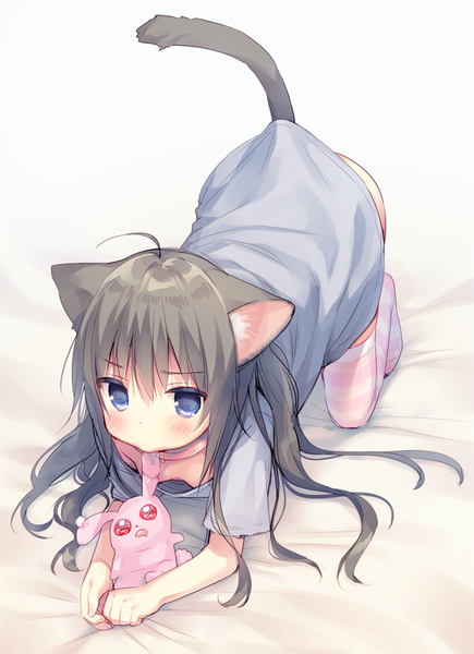 Anime picture 581x800 with original usashiro mani single long hair tall image blush fringe blue eyes light erotic black hair holding animal ears looking away bent knee (knees) tail animal tail from above cat ears cat girl cat tail