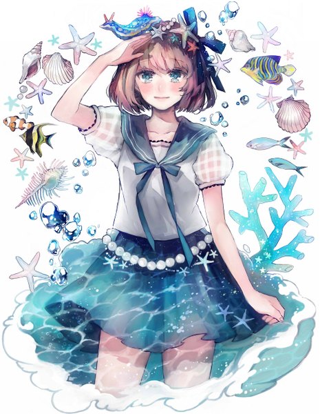 Anime picture 975x1259 with original mukimuki mayuge single tall image looking at viewer blush fringe blue eyes simple background smile standing white background pink hair hand on head girl skirt hair ornament bow animal water